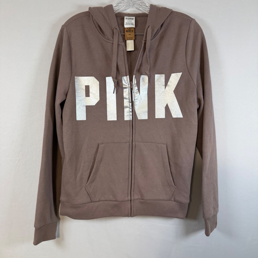 PINK Victoria's Secret Full Zip Hoodie Silver Logo‎ Front Pockets M NWT